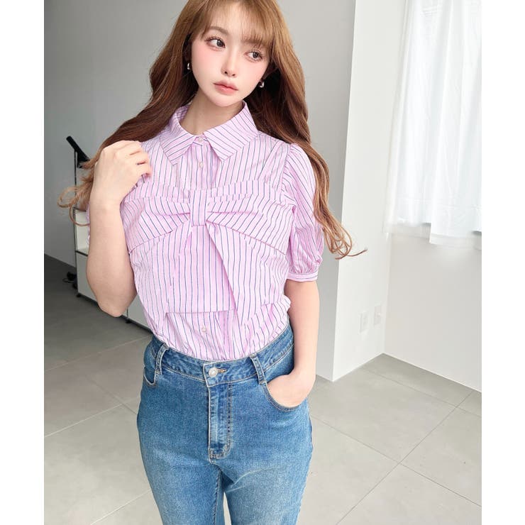 無地＆マルチストライプリボンビスチェセット半袖シャツブラウス | moment+ | 詳細画像33 