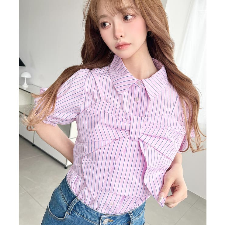 無地＆マルチストライプリボンビスチェセット半袖シャツブラウス | moment+ | 詳細画像34 