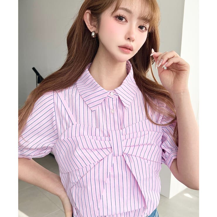 無地＆マルチストライプリボンビスチェセット半袖シャツブラウス | moment+ | 詳細画像35 