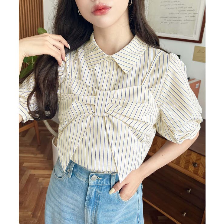 無地＆マルチストライプリボンビスチェセット半袖シャツブラウス | moment+ | 詳細画像36 