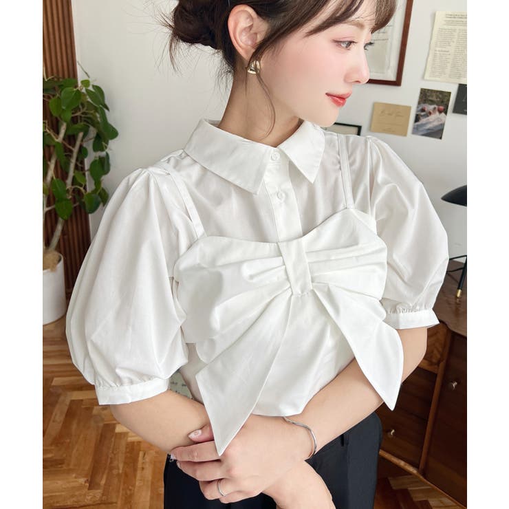 無地＆マルチストライプリボンビスチェセット半袖シャツブラウス