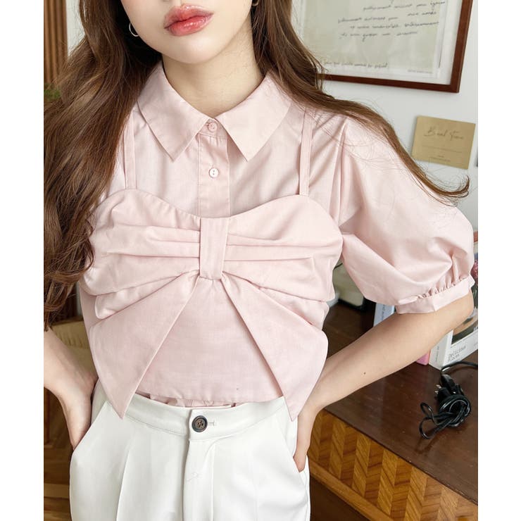 無地＆マルチストライプリボンビスチェセット半袖シャツブラウス | moment+ | 詳細画像41 