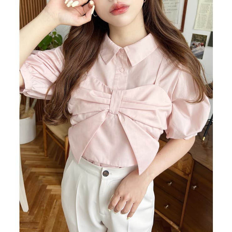 無地＆マルチストライプリボンビスチェセット半袖シャツブラウス | moment+ | 詳細画像43 