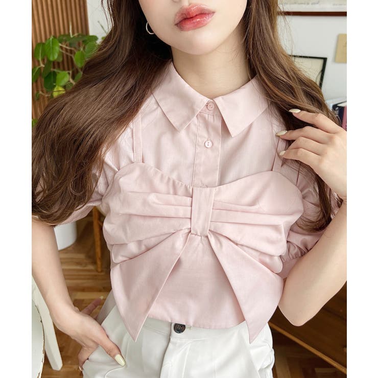 無地＆マルチストライプリボンビスチェセット半袖シャツブラウス | moment+ | 詳細画像44 