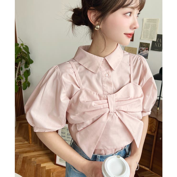 無地＆マルチストライプリボンビスチェセット半袖シャツブラウス | moment+ | 詳細画像45 