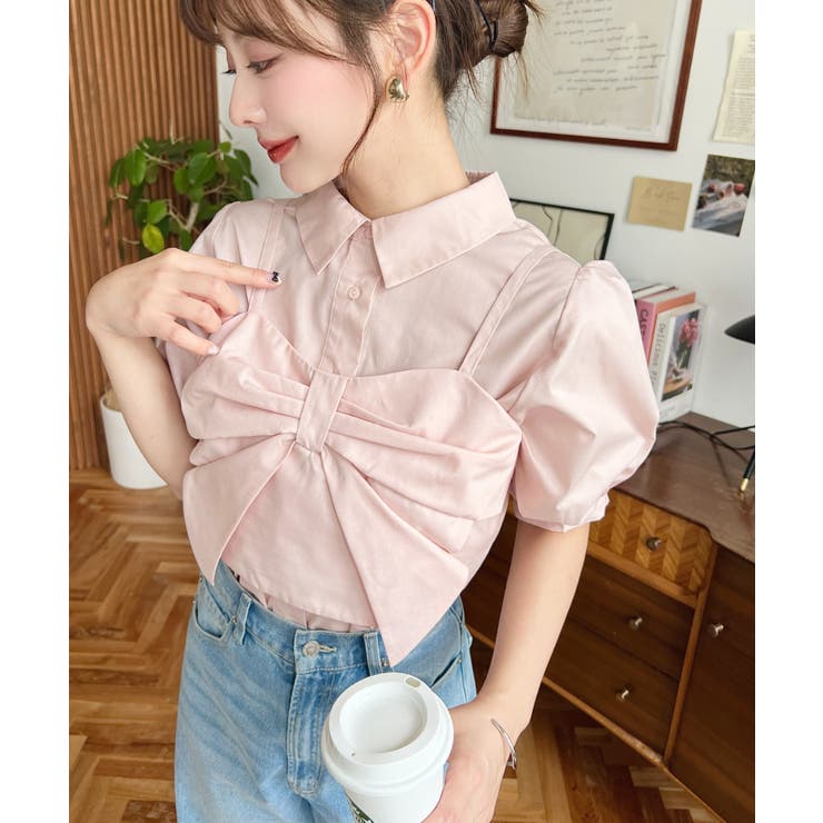 無地＆マルチストライプリボンビスチェセット半袖シャツブラウス | moment+ | 詳細画像46 