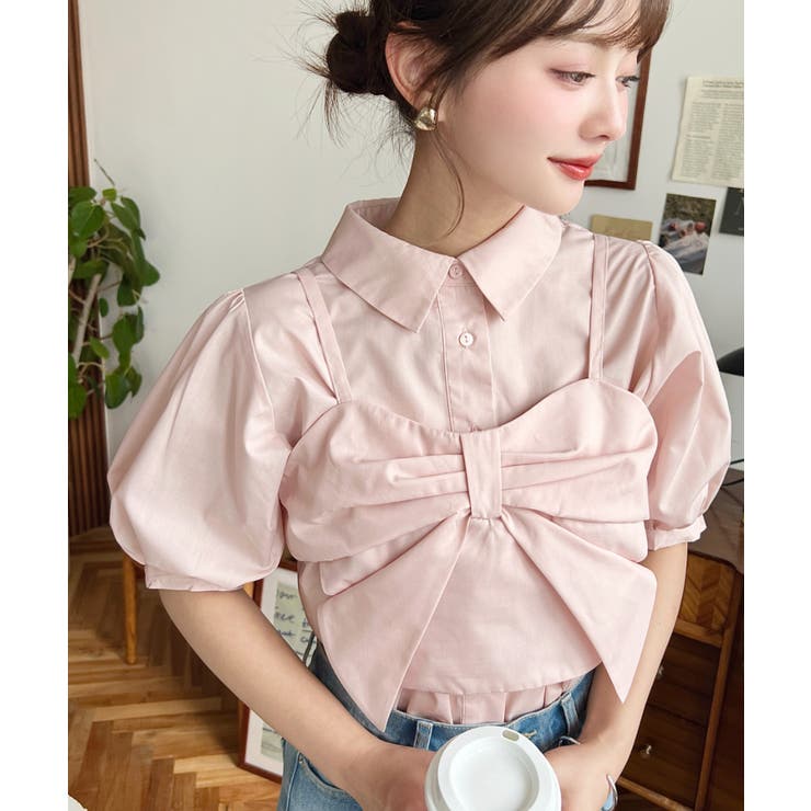 無地＆マルチストライプリボンビスチェセット半袖シャツブラウス | moment+ | 詳細画像49 