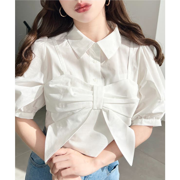 無地＆マルチストライプリボンビスチェセット半袖シャツブラウス | moment+ | 詳細画像5 