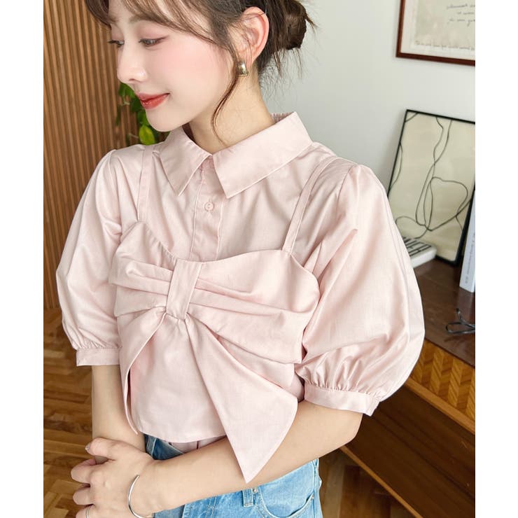 無地＆マルチストライプリボンビスチェセット半袖シャツブラウス | moment+ | 詳細画像50 