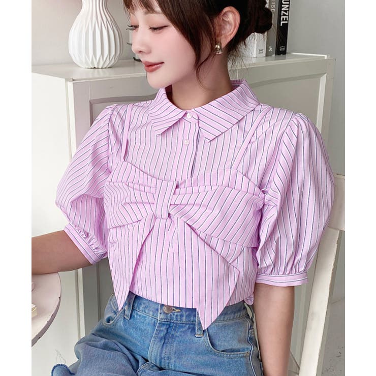 無地＆マルチストライプリボンビスチェセット半袖シャツブラウス | moment+ | 詳細画像51 