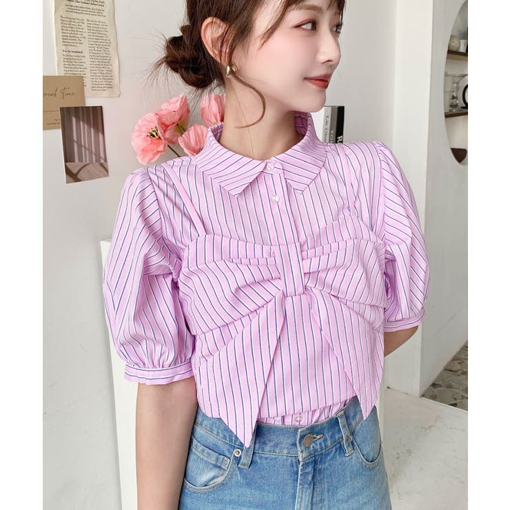 無地＆マルチストライプリボンビスチェセット半袖シャツブラウス | moment+ | 詳細画像52 