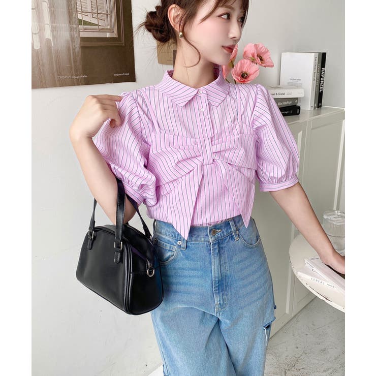 無地＆マルチストライプリボンビスチェセット半袖シャツブラウス | moment+ | 詳細画像54 