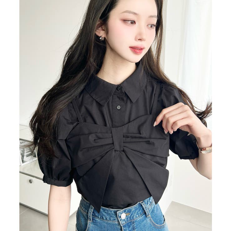 無地＆マルチストライプリボンビスチェセット半袖シャツブラウス | moment+ | 詳細画像8 