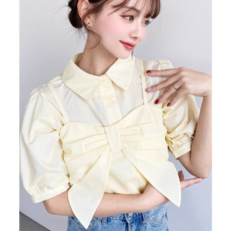 イエロー | 無地＆マルチストライプリボンビスチェセット半袖シャツブラウス | moment+