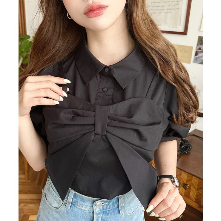 ブラック | 無地＆マルチストライプリボンビスチェセット半袖シャツブラウス | moment+