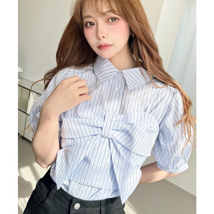 ブルー系その他 | 無地＆マルチストライプリボンビスチェセット半袖シャツブラウス | moment+