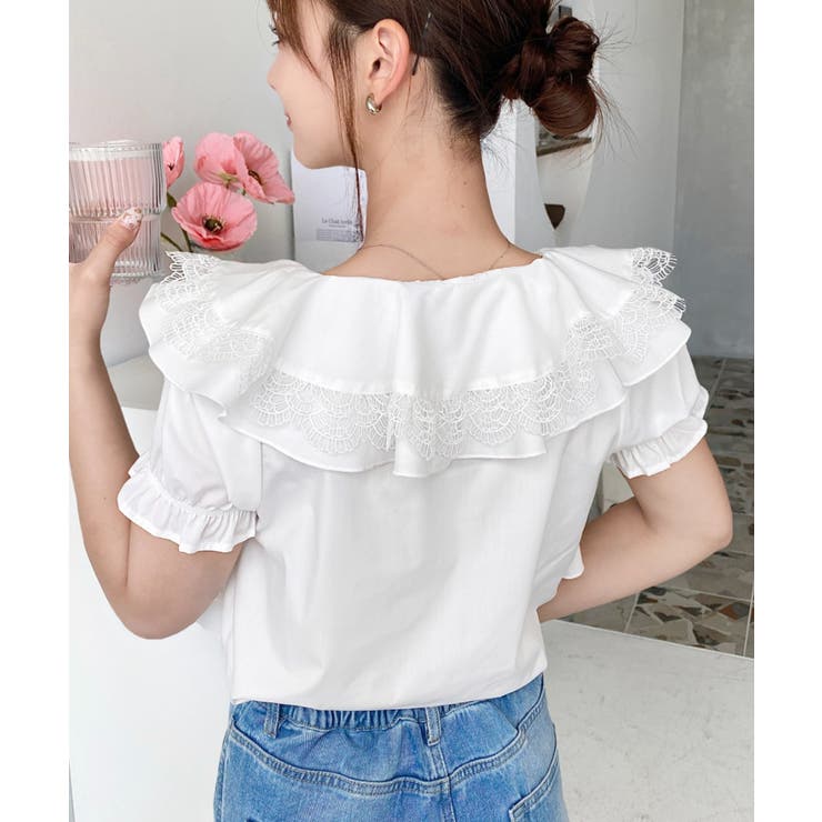 ビッグカラーカスケードフリルレースアップ半袖ブラウス | moment+ | 詳細画像11 