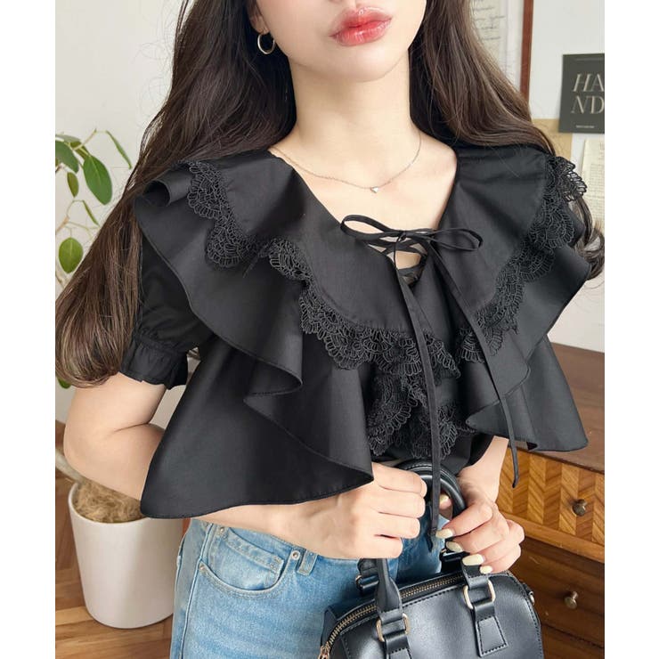 ビッグカラーカスケードフリルレースアップ半袖ブラウス | moment+ | 詳細画像13 