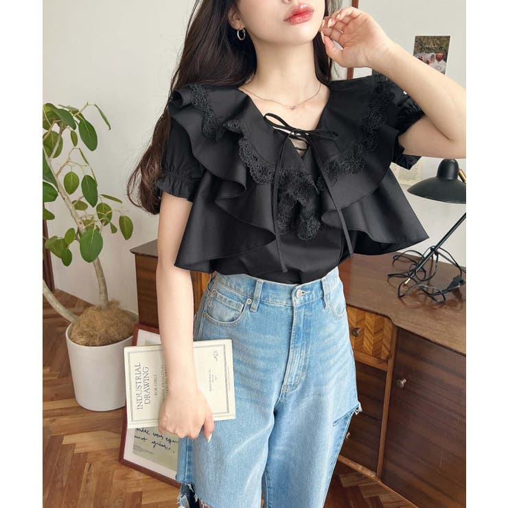 ビッグカラーカスケードフリルレースアップ半袖ブラウス | moment+ | 詳細画像15 