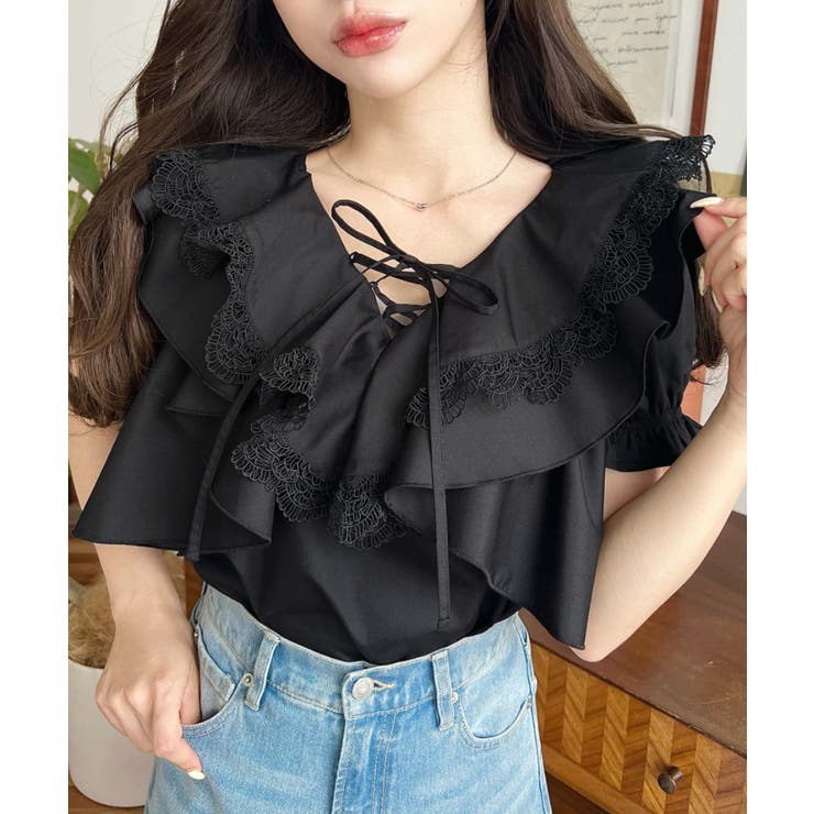 ビッグカラーカスケードフリルレースアップ半袖ブラウス | moment+ | 詳細画像16 