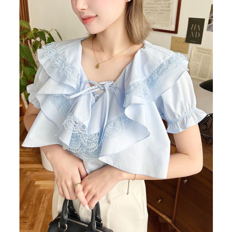 ビッグカラーカスケードフリルレースアップ半袖ブラウス | moment+ | 詳細画像17 