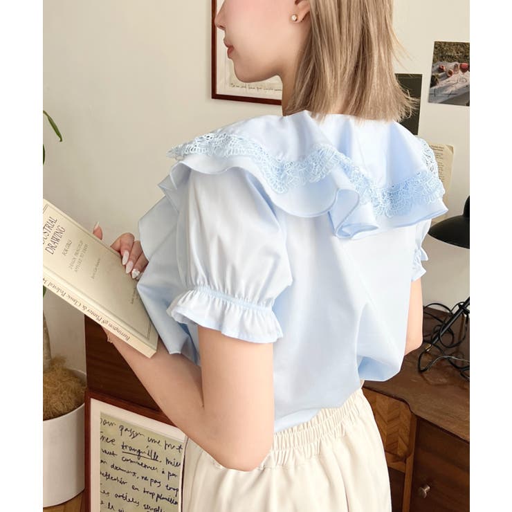 ビッグカラーカスケードフリルレースアップ半袖ブラウス | moment+ | 詳細画像19 