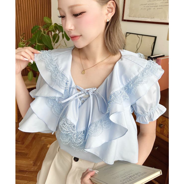 ビッグカラーカスケードフリルレースアップ半袖ブラウス | moment+ | 詳細画像20 