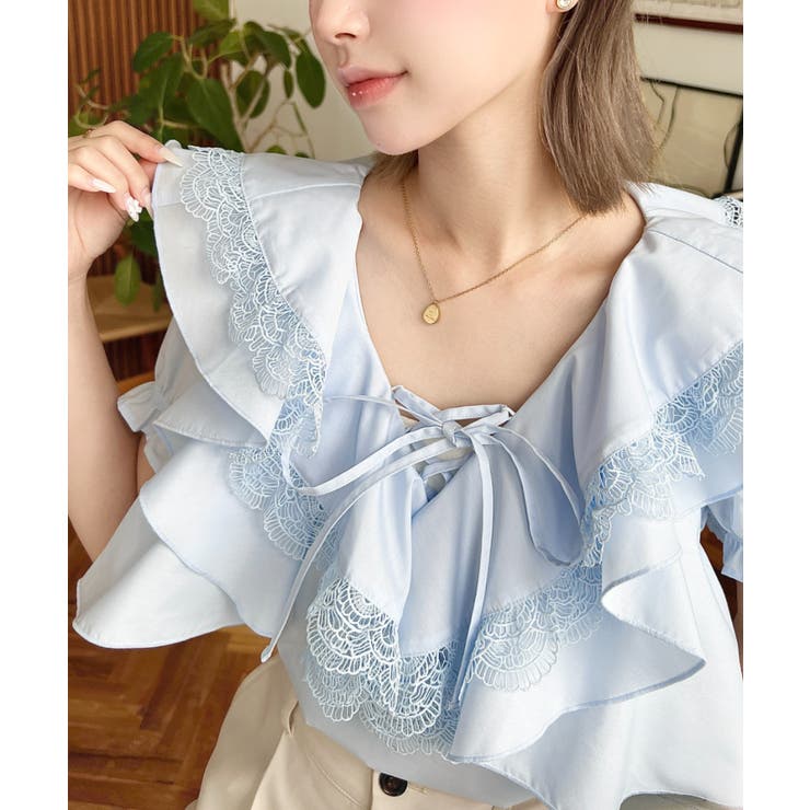 ビッグカラーカスケードフリルレースアップ半袖ブラウス | moment+ | 詳細画像21 