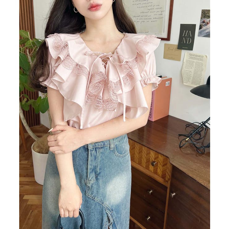 ビッグカラーカスケードフリルレースアップ半袖ブラウス | moment+ | 詳細画像27 