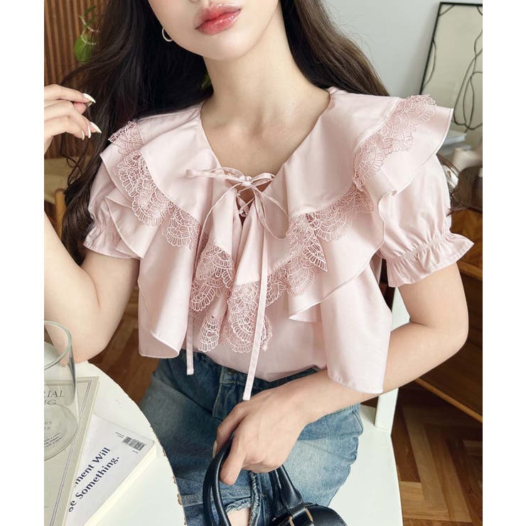 ビッグカラーカスケードフリルレースアップ半袖ブラウス | moment+ | 詳細画像28 