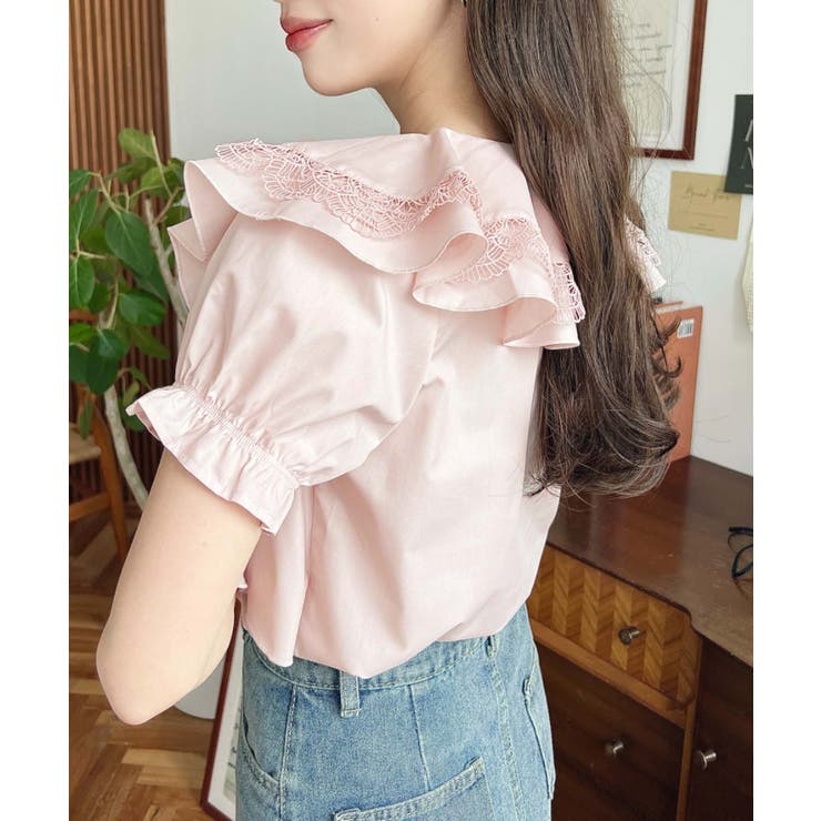 ビッグカラーカスケードフリルレースアップ半袖ブラウス | moment+ | 詳細画像29 