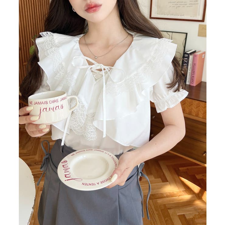 ビッグカラーカスケードフリルレースアップ半袖ブラウス | moment+ | 詳細画像3 