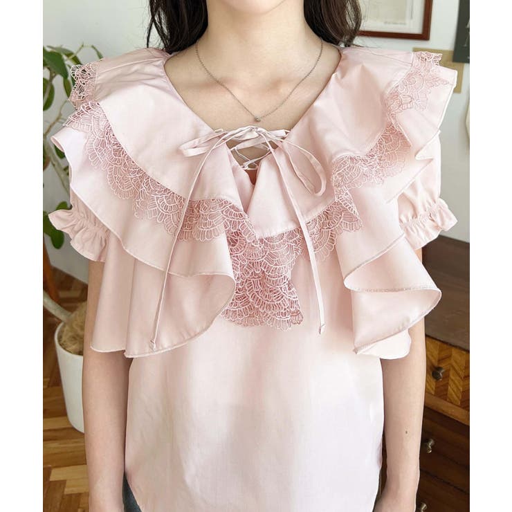 ビッグカラーカスケードフリルレースアップ半袖ブラウス | moment+ | 詳細画像31 