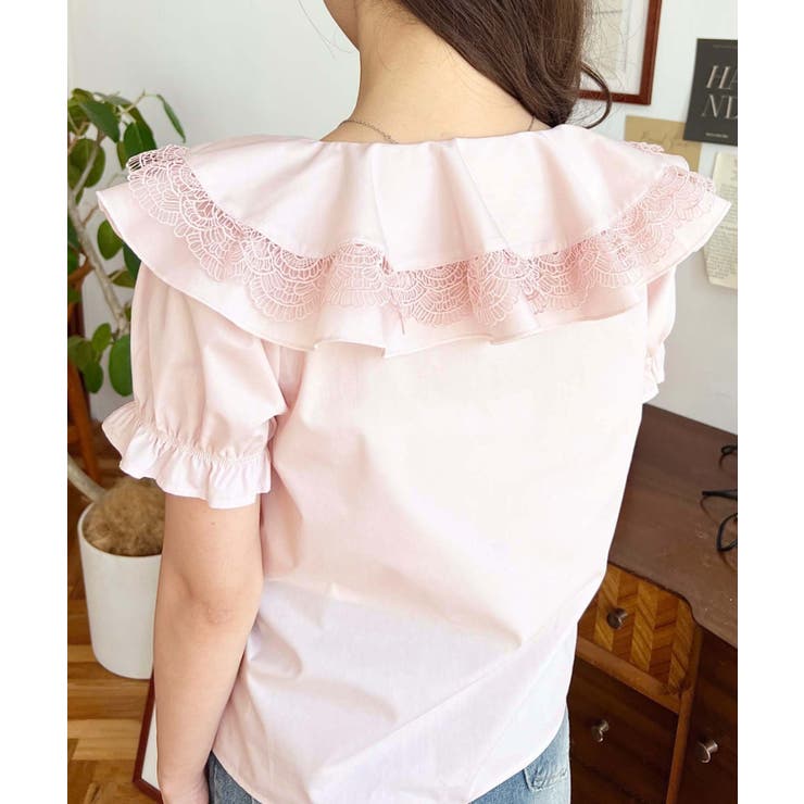 ビッグカラーカスケードフリルレースアップ半袖ブラウス | moment+ | 詳細画像34 