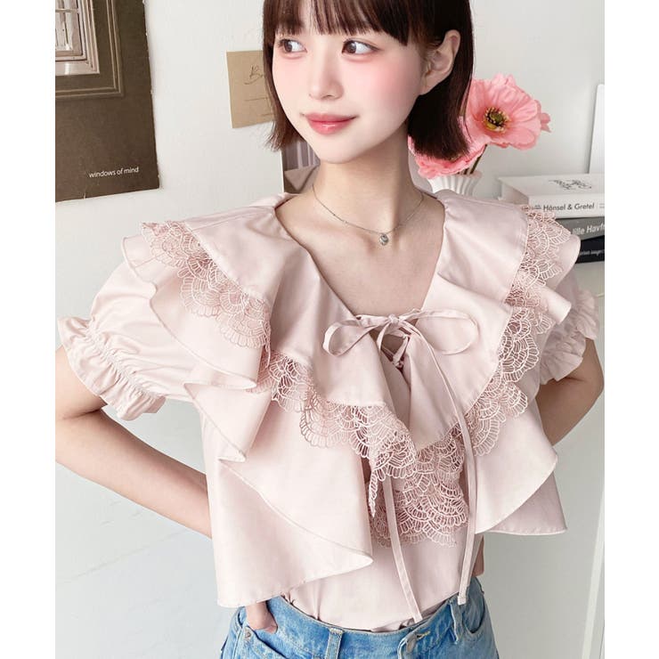 ビッグカラーカスケードフリルレースアップ半袖ブラウス | moment+ | 詳細画像35 