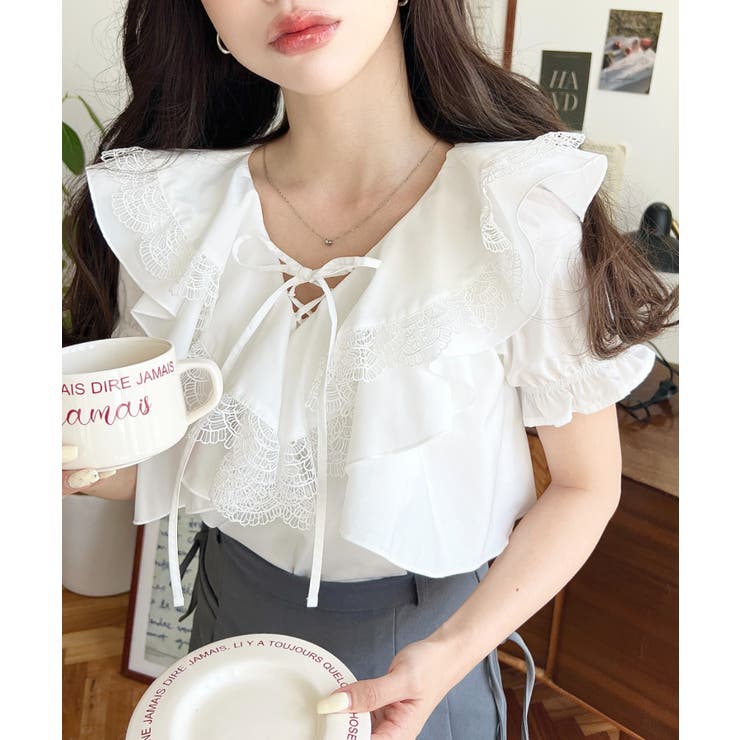 ビッグカラーカスケードフリルレースアップ半袖ブラウス | moment+ | 詳細画像5 