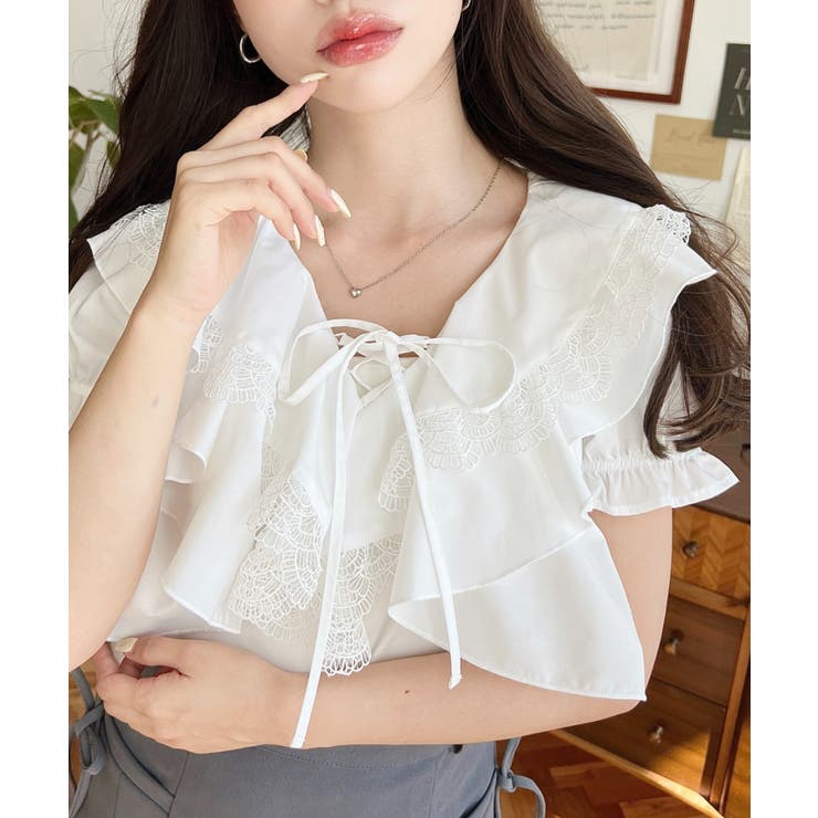 ビッグカラーカスケードフリルレースアップ半袖ブラウス | moment+ | 詳細画像6 