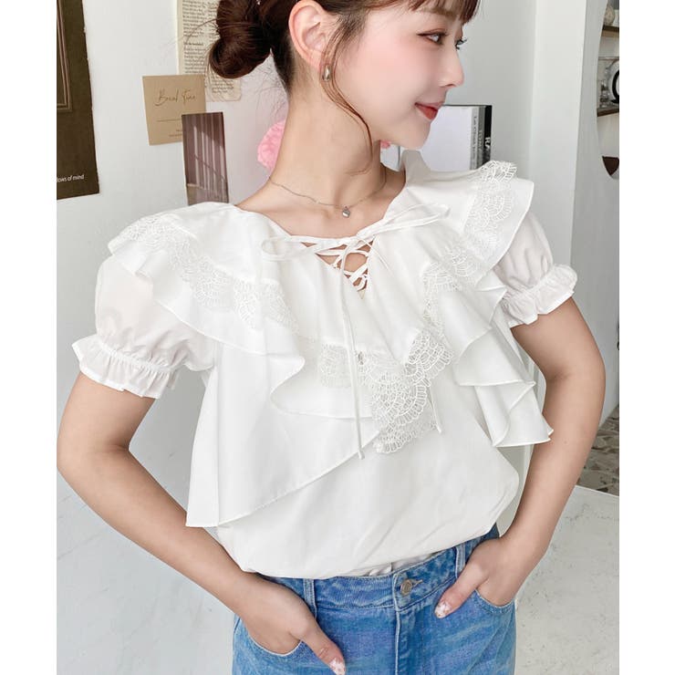 ビッグカラーカスケードフリルレースアップ半袖ブラウス | moment+ | 詳細画像7 