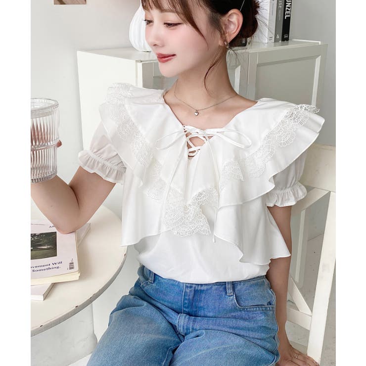 ビッグカラーカスケードフリルレースアップ半袖ブラウス | moment+ | 詳細画像8 