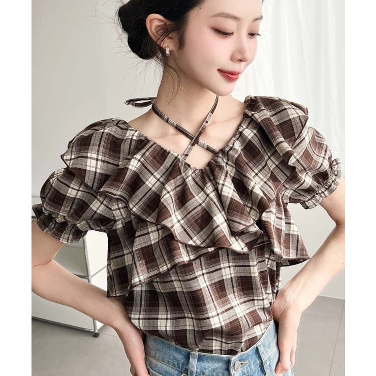 クロスリボンフリルカラー半袖チェックブラウス | moment+ | 詳細画像11 