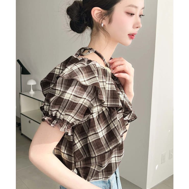 クロスリボンフリルカラー半袖チェックブラウス | moment+ | 詳細画像12 