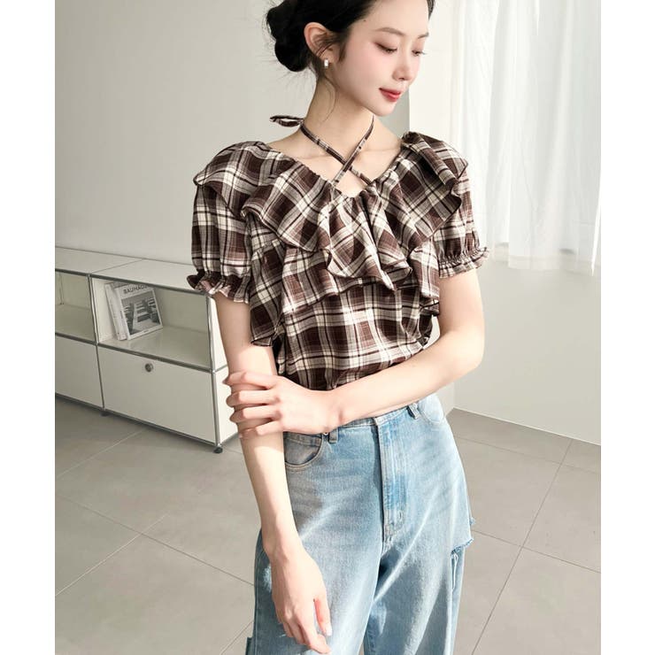 クロスリボンフリルカラー半袖チェックブラウス | moment+ | 詳細画像14 