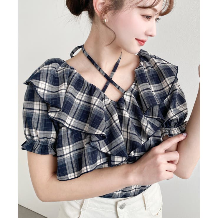 クロスリボンフリルカラー半袖チェックブラウス | moment+ | 詳細画像16 