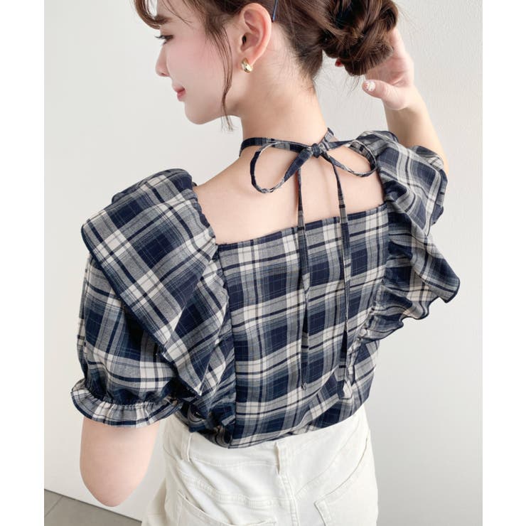 クロスリボンフリルカラー半袖チェックブラウス | moment+ | 詳細画像18 