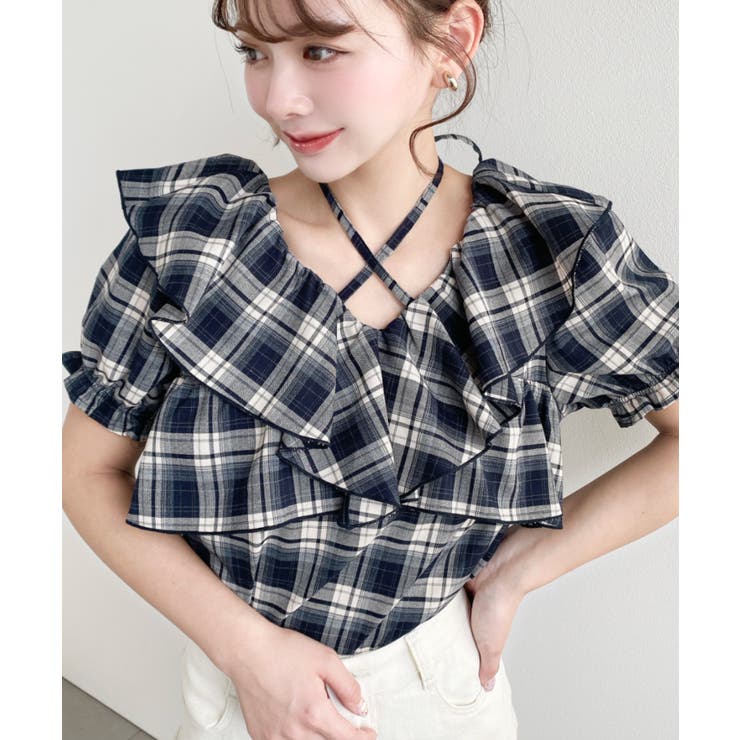 クロスリボンフリルカラー半袖チェックブラウス | moment+ | 詳細画像19 