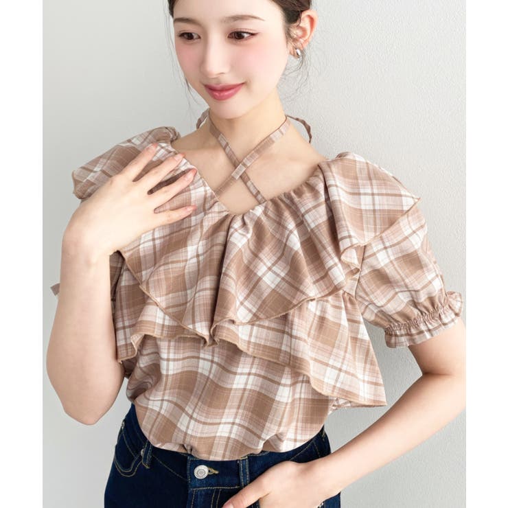 クロスリボンフリルカラー半袖チェックブラウス | moment+ | 詳細画像2 