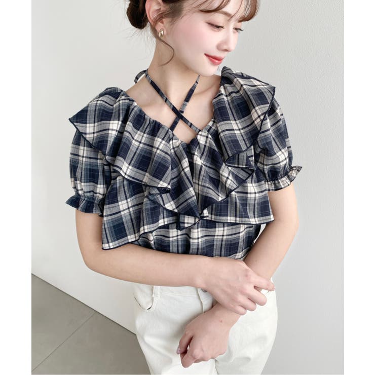 クロスリボンフリルカラー半袖チェックブラウス | moment+ | 詳細画像20 