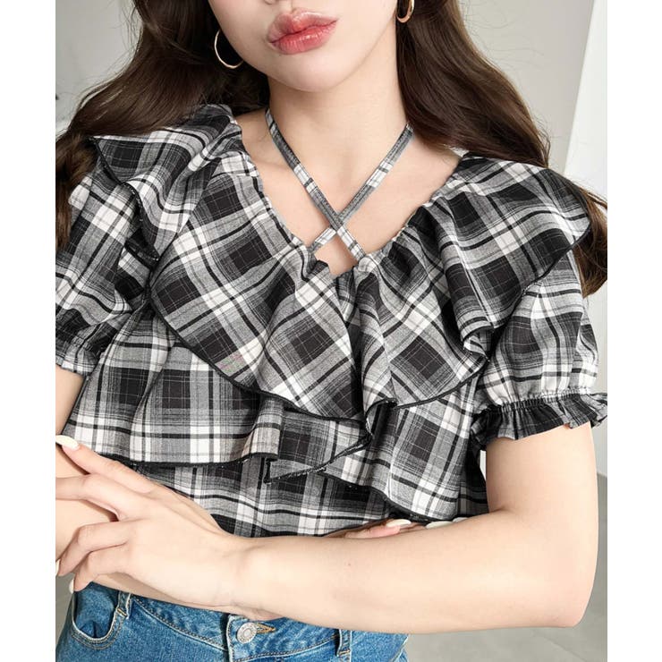 クロスリボンフリルカラー半袖チェックブラウス | moment+ | 詳細画像21 