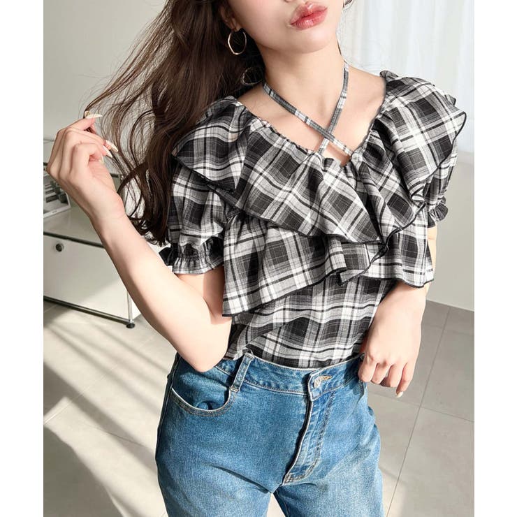 クロスリボンフリルカラー半袖チェックブラウス | moment+ | 詳細画像22 