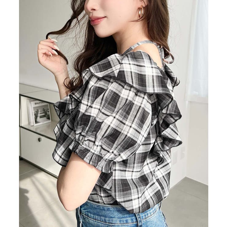 クロスリボンフリルカラー半袖チェックブラウス | moment+ | 詳細画像23 